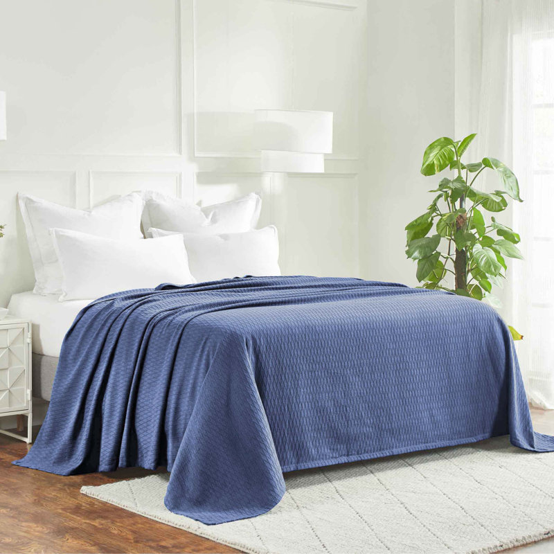 Diamond Weave 100% Cotton Breathable All-Season Throw Blanket, California King, Merritt Blue