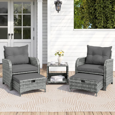 Constantino 2-Person Outdoor All-Weather Wicker Conversation Set with Ottomans and Tempered Glass Coffee Table