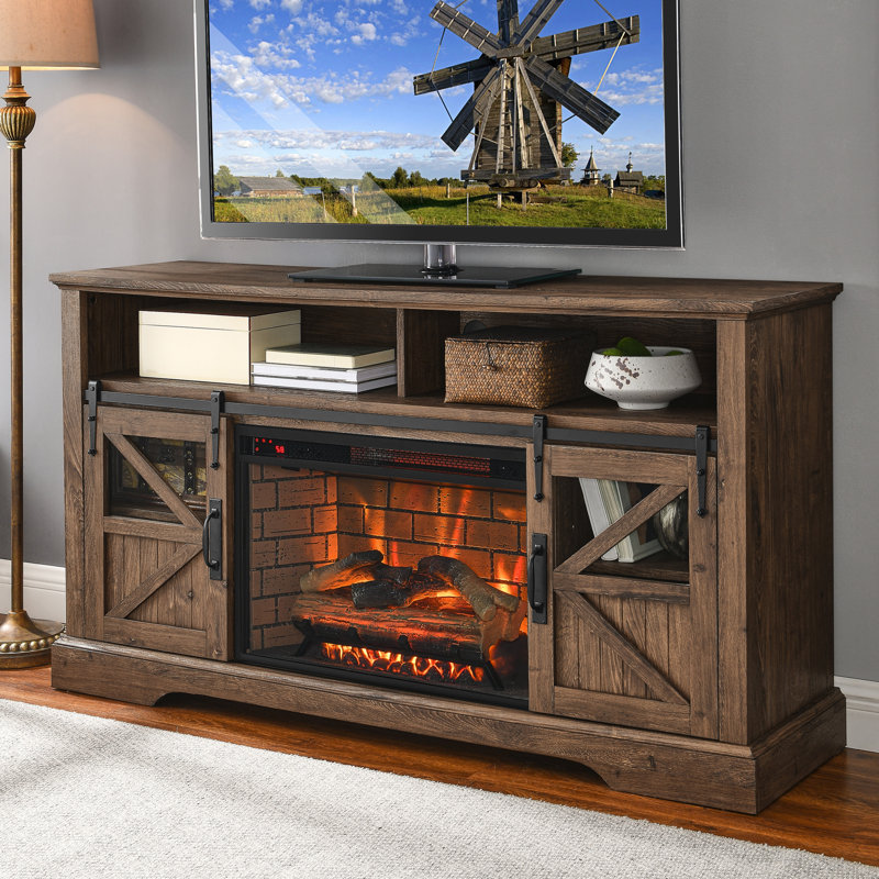 Breean Unfinished TV Stand for TVs up to 65" with Fireplace Included, Reclaimed Barnwood