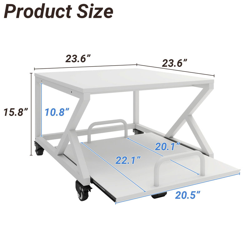 Support d'imprimante à 2 niveaux 23,6 po x 23,6 po avec tablette coulissante, 23,6 po x 23,6 po, Blanc