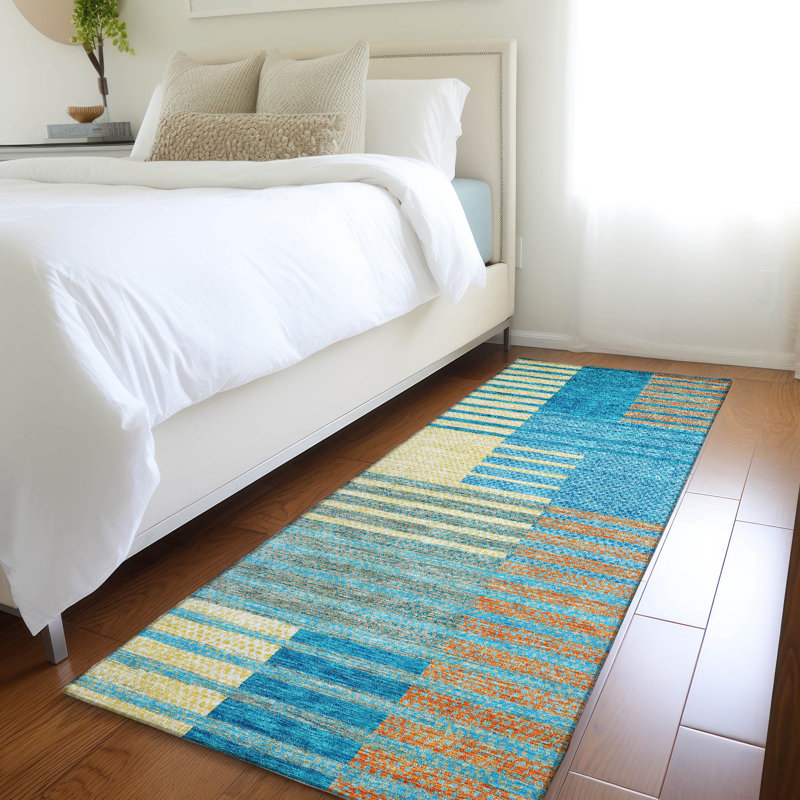 Tapis bleu sarcelle lavable à la machine de qualité supérieure Prisco, Tapis de couloir 2 pi 3 po x 7 pi 6 po