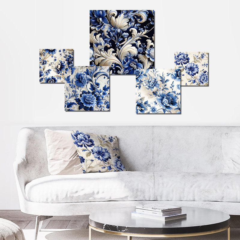 Cobalt Blue and White Floral Metal Wall Art Set of 5 Panels