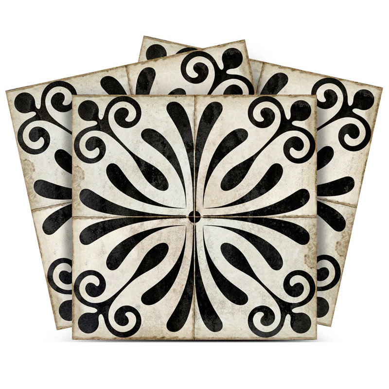 Black and Ivory Vintage Flower Design Vinyl Peel and Stick Tiles, 8x8-inch