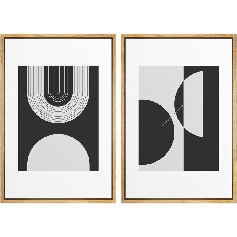 Mid-Century moderne boho noir et blanc demi-cercle arches formes abstraites minimaliste sur toile, 2 pièces