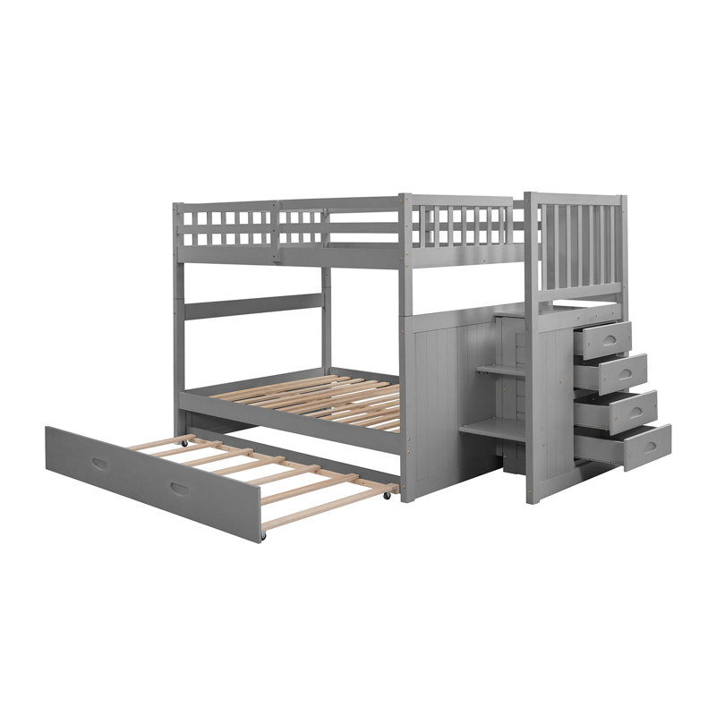 Cyla Full Over Full 4 Drawer Bunk Bed with Stairs and Trundle by Harriet Bee, Gray