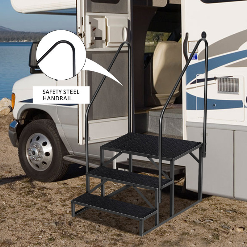 RV Steps with 2 Handrail, 3 Steps Mobile Home Ladder