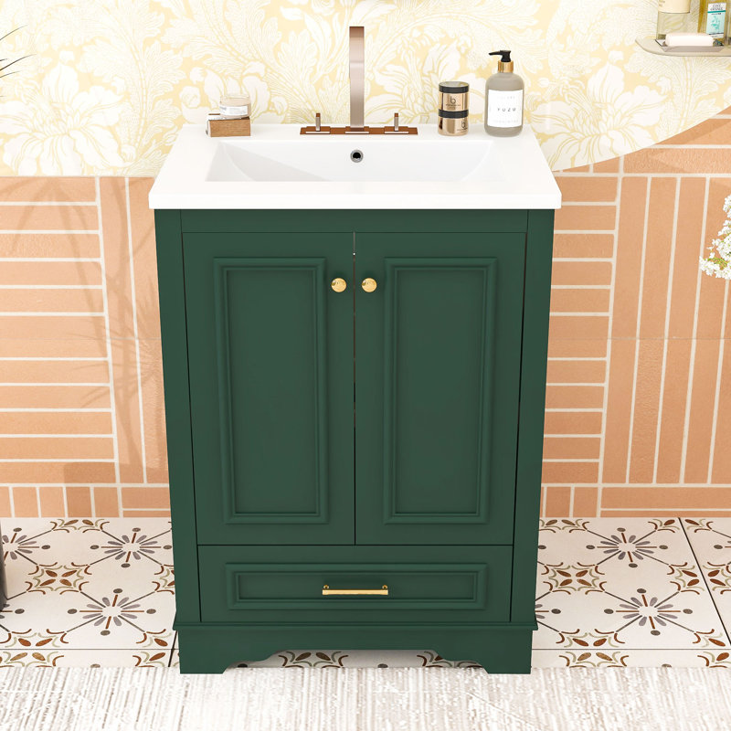 Meuble-lavabo à tiroir avec lavabo en céramique, tablettes réglables et armoire à fermeture en douceur, Vert, Doré