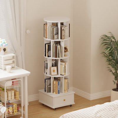 4-Tier Rotating Bookcase with Wheels and Drawers, 360° Swivel Corner Bookshelf, Solid Wood Storage Tower with Lockable Casters, Narrow Spinning Organizer for Living Room, Bedroom(White)