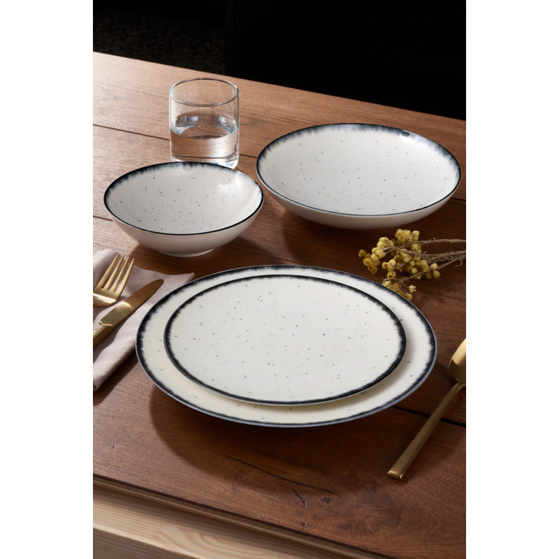 Elegant 24-Piece Dinner Set, Black & White Porcelain | Includes 6 Service Plates (9.8 x 9.8 x 0.8 in), 6 Dinner Plates (7.9 x 7.9 x 1.6 in), 6 Bowls (5.9 x 5.9 x 1.8 in), 6 Dessert Plates (7.9 x 7.9 x 0.8 in) | Dishwasher & Microwave Safe