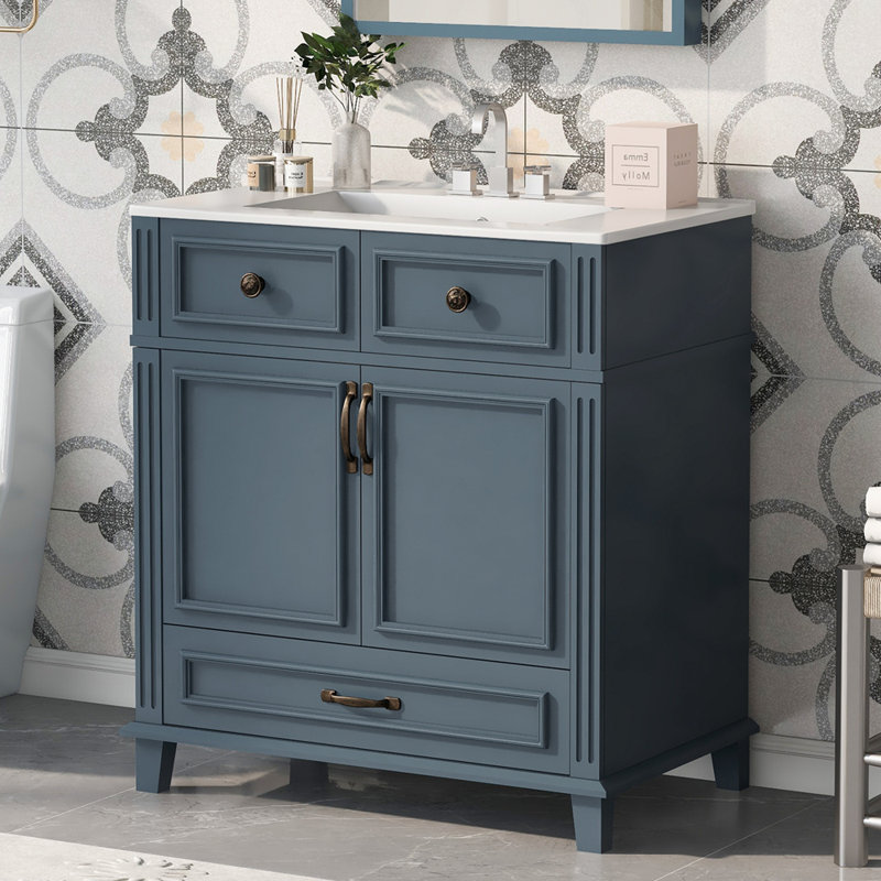 Meuble-lavabo de 30 po avec lavabo en céramique, armoire de rangement en bois massif avec portes à fermeture douce, style rétro