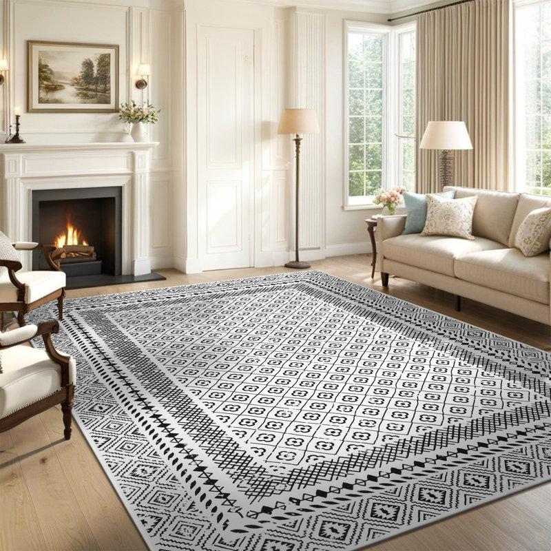 Tapis oriental noir / blanc à motif floral lavable à la machine avec envers antidérapant, Rectangulaire 3 pi x 5 pi