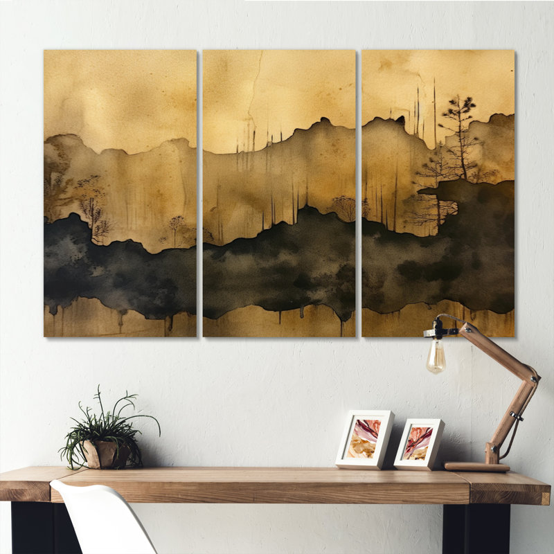 «Brown and Black Abstract Fluidité on Canvas», reproduction de 3 pièces, H 28 po x l 36 po x P 1 po