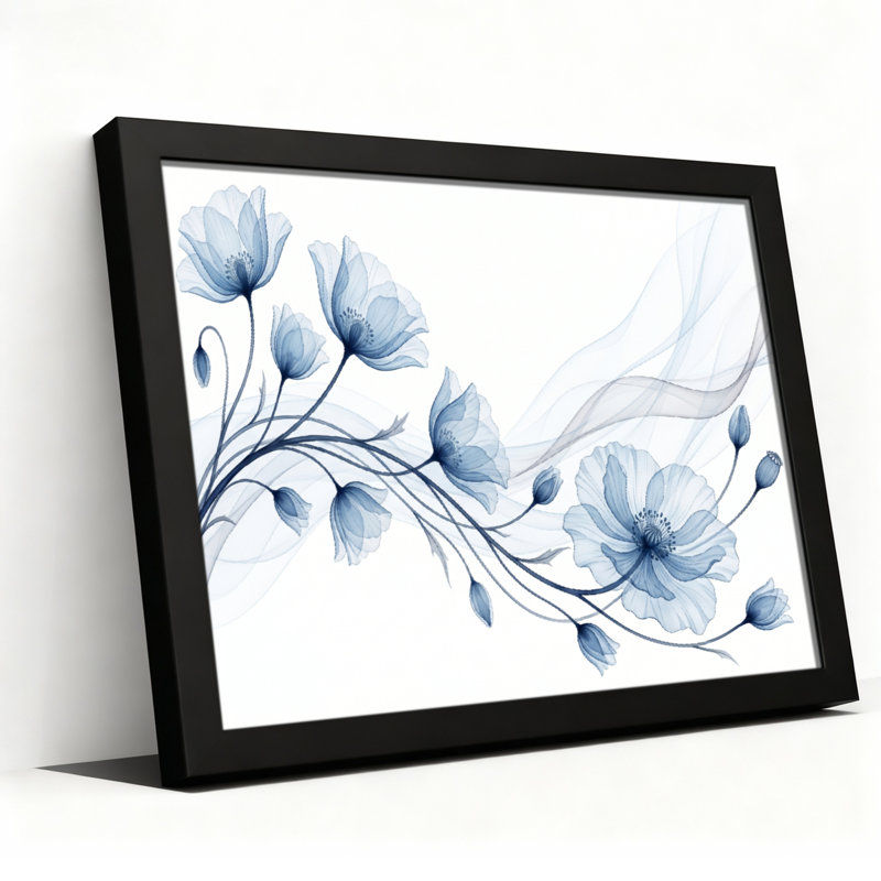 Toile noire encadrée en bois noir pour le salon, la chambre à coucher, le bureau ou le vestibule - décoration murale décorative avec motif floral bleu