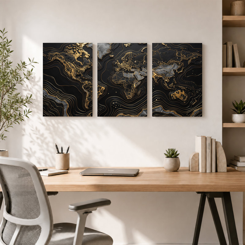 Carte du monde or sur fond de texture de marbre noir, ensemble de 3 toiles, H 24 po x l 16 po x 3 pièces
