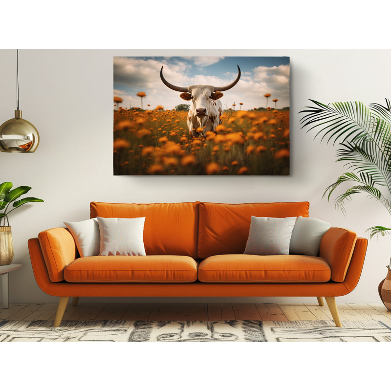 Texas Longhorn at Ranch Field, reproduction sur toile, H 24 po x l 36 po