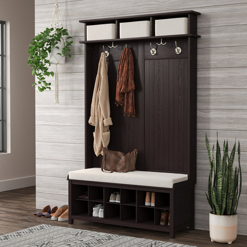 Espresso Solid Wood Hall Tree with Storage Bench and Hooks