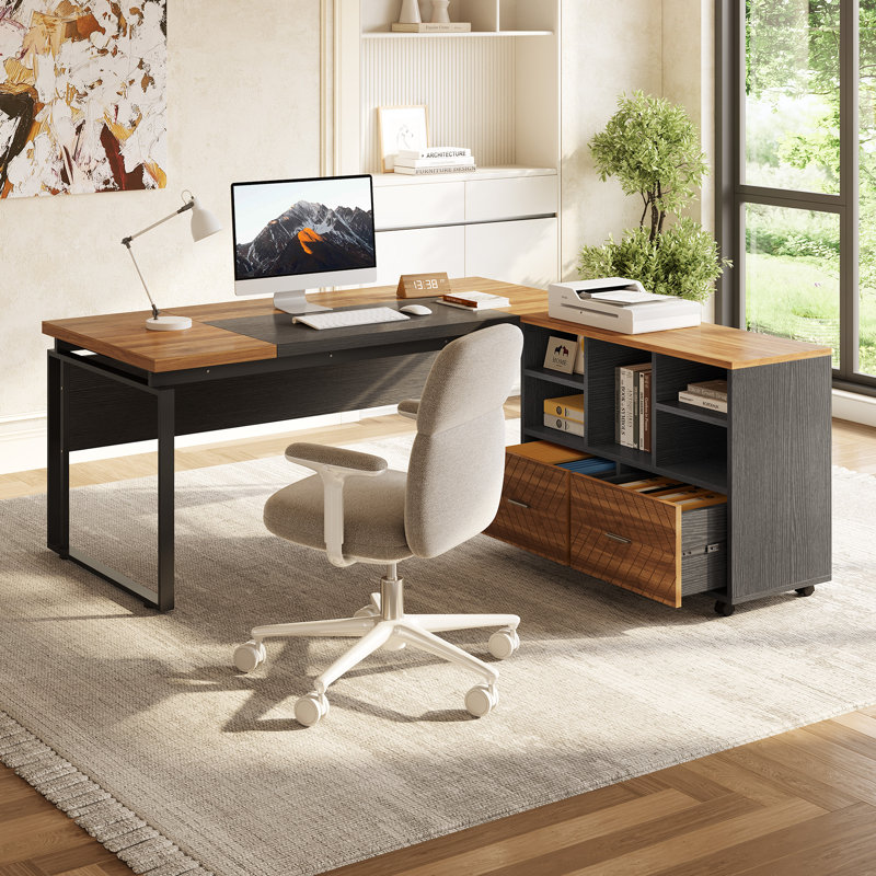 L-Shaped Executive Desk With Reversible File Cabinet, Brown/Black
