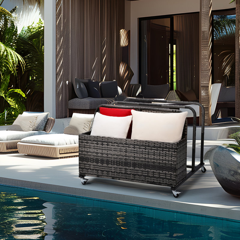 Poolside Float Storage Organizer, Pool Toy Storage Holder With Wicker Basket Outdoor Pool Float Holder Storage Rack Rolling Pool Caddy Cart Raft Holder Storage Rack For Pool Noodles Equipment Grey