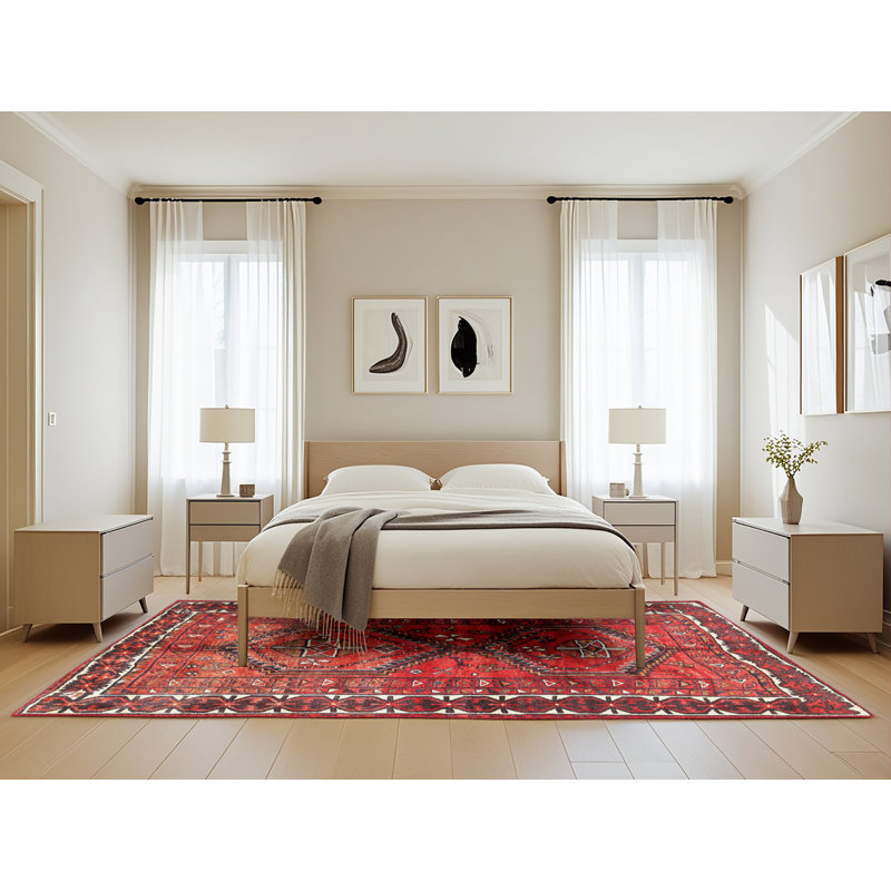 Tapis traditionnel rouge / bleu / beige, Rectangle 5 pi x 8 pi
