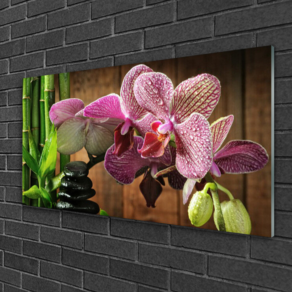 Glasbild Blumen Bambus Steine Floral