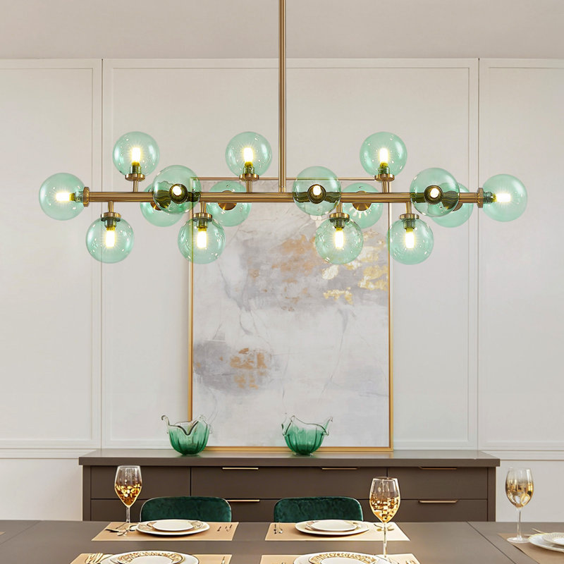 16 - Light Dimmable Green Glass Sputnik Modern Linear Chandelier, Green