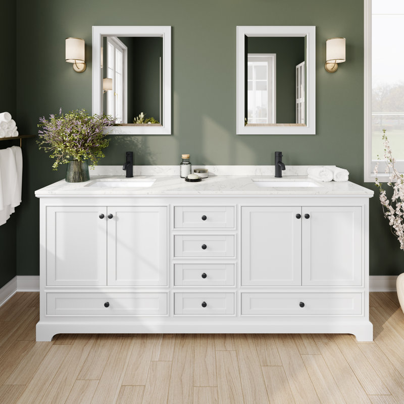 Deborah 80'' Double Bathroom Vanity with Marble Top, White, Carrara Cultured Marble, Matte Black