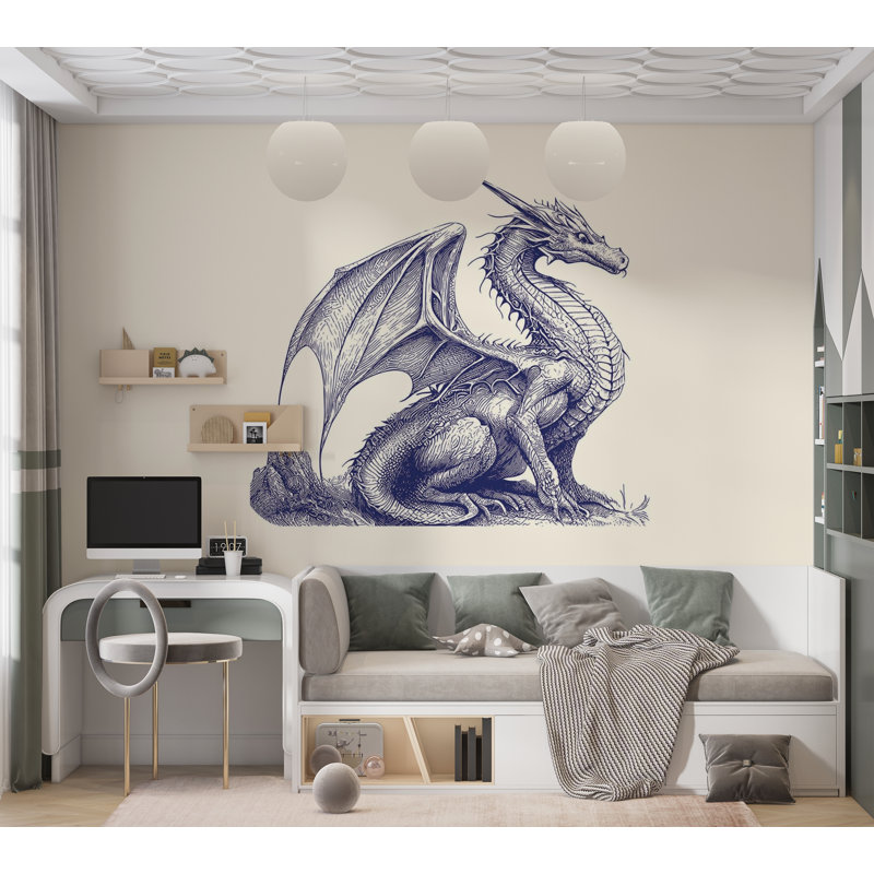 Premium Wallpaper Wall Mural - Blue Dragon Illustration, 96" L x 120" W