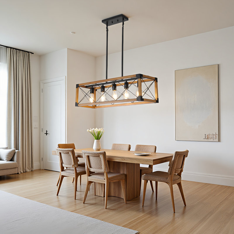  32 in. 5-Light Rustic Linear Cage Chandelier with Wooden Frame and Metal Rod for Kitchen Island (Bulbs Not Included), Brown