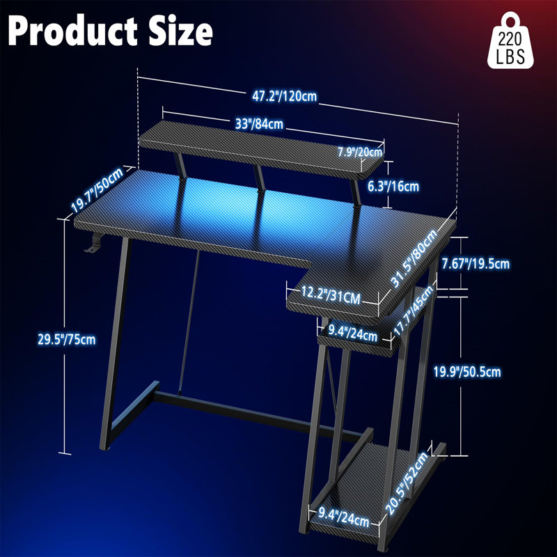 Gaming Table With LED Light, 120Cm Computer Table With Monitor Stand, L-Shaped Table With Headphone Hook, Corner Table With Shelf