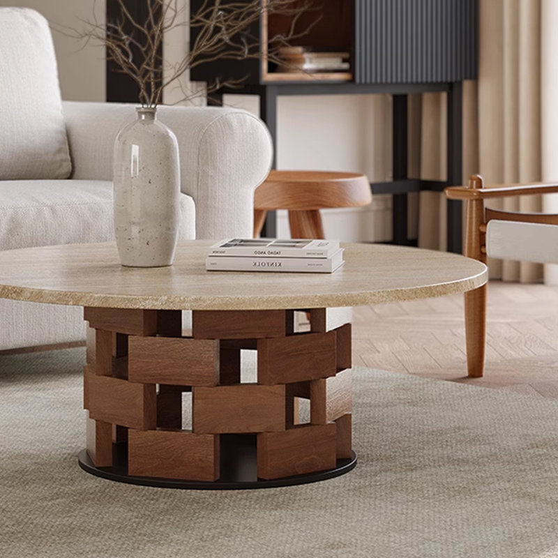 Table basse en travertin de style Wabi-sabi, Brun noisette, H 13,77 po x L 35,43 po x l 35,43 po