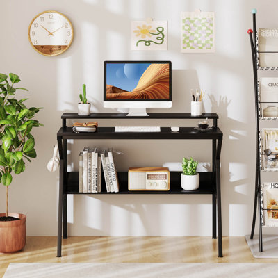 Bureau personnel avec support pour moniteur, tablette ouverte et structure en métal, crochet pour écouteurs