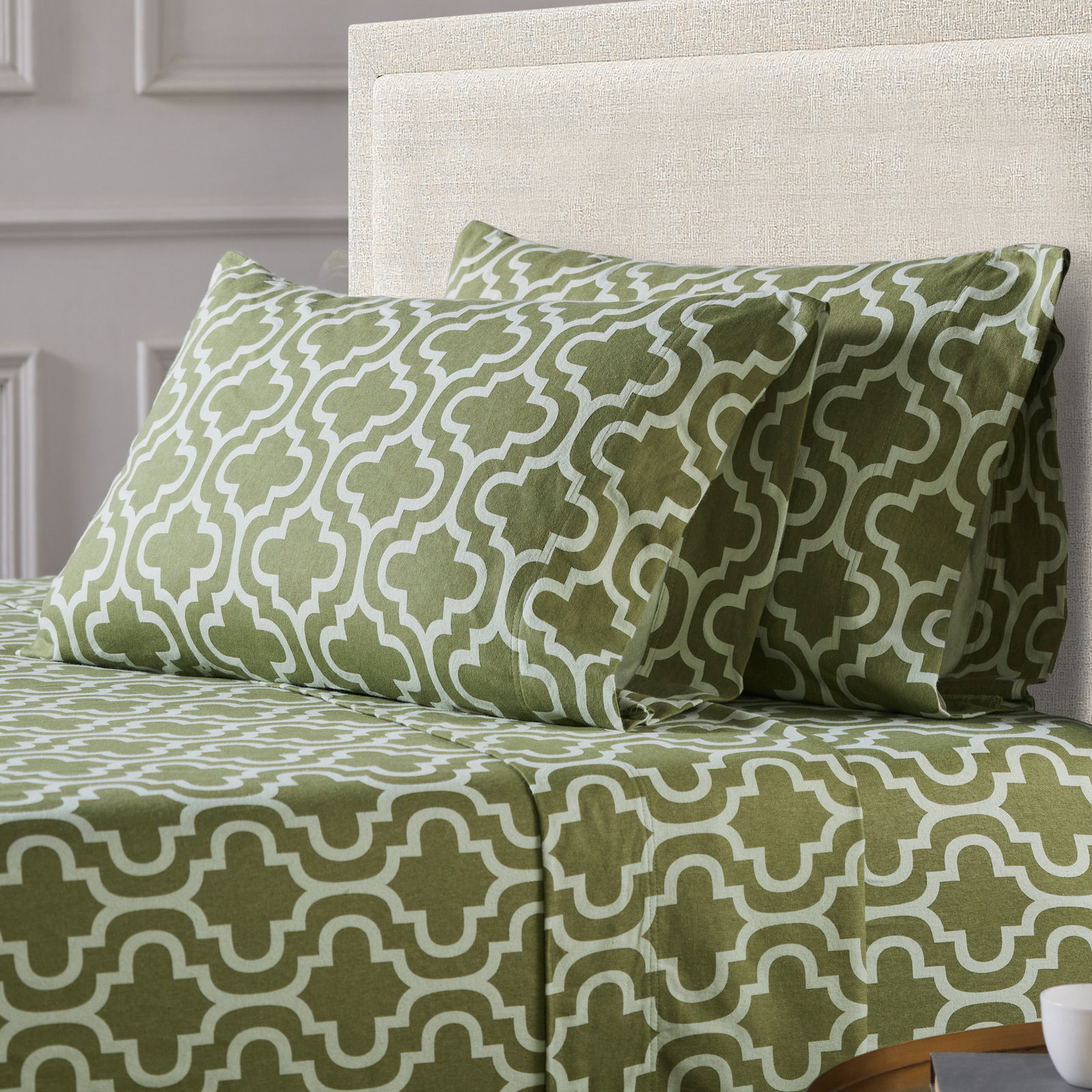 All-Season Breathable 100% Cotton Flannel Pillowcase Set, Standard, Sage Trellis