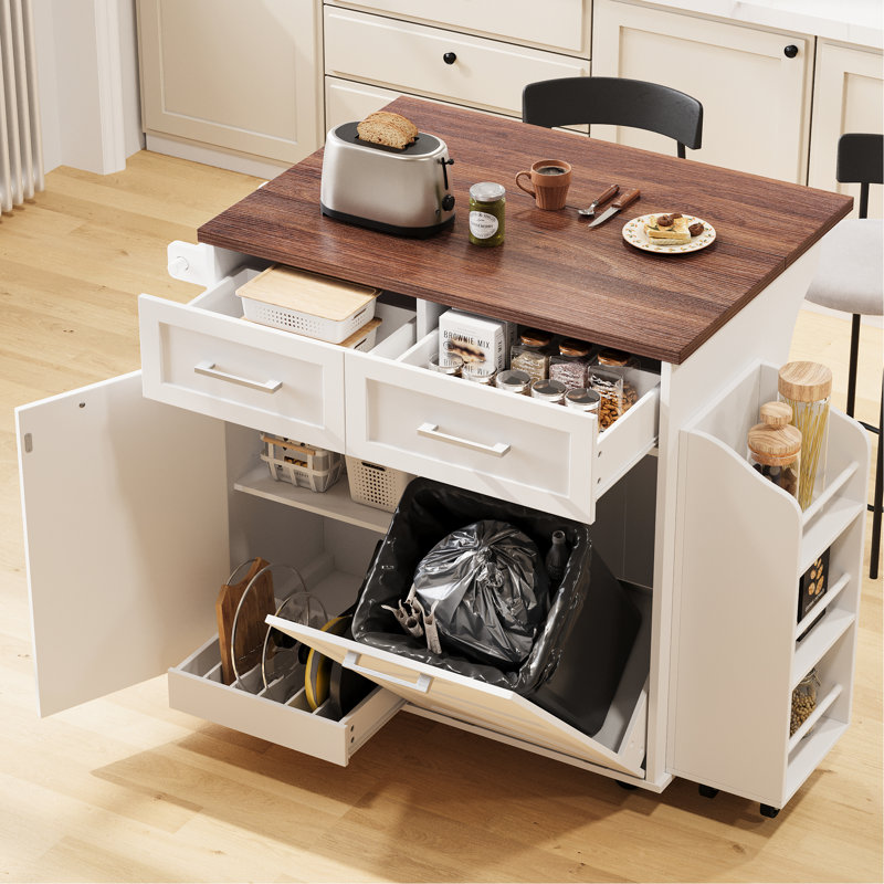 47.2-Inch Kitchen Cart With Drop Leaf, 9 Universal Wheels, And Removable Side - Adjustable Shelf, Pot Organizer, Towel Rack Island, 47.2 Inches Wide, 2 Drawers, 3 Organizer White, Concealed Trash