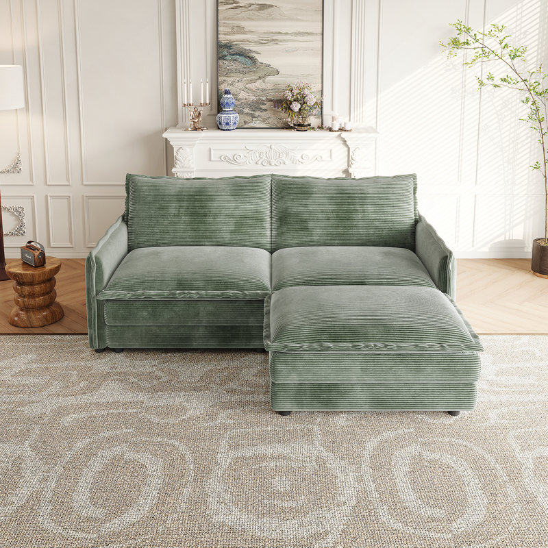 Comfortable Corduroy Loveseat Sofa With Ottoman For Living Room, Green