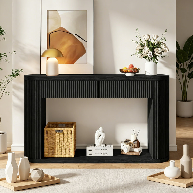 Jacqua ovale cannelée avec 2 tiroirs et tablette inférieure, Black