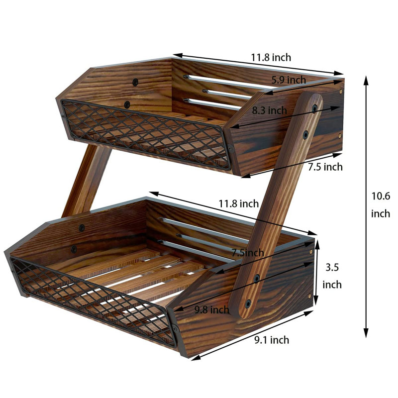 Panier à fruits pour la cuisine, bol à fruits à 2 niveaux, organisateur de comptoir de cuisine, support à légumes en bois pour comptoir, support à panier à pain