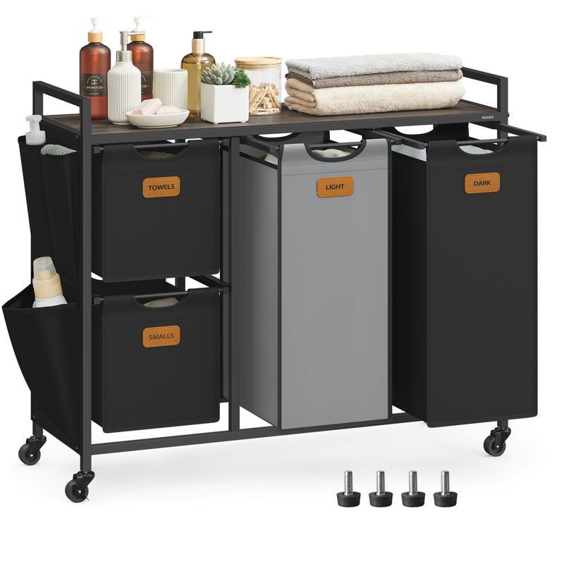 Metal Rolling Laundry Basket with Handles, Chestnut Brown/Ink Black/Dove Grey