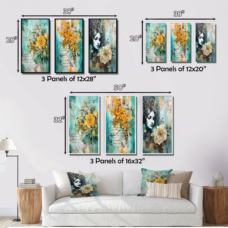 «Blossoming Yellow Rose On Teal Vintage Art», 3 pièces sur toile, Cadre flottant blanc, H 28 po x l 36 po