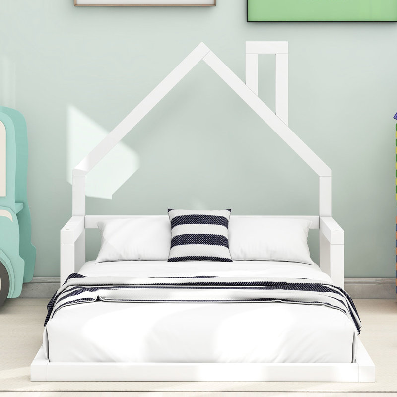 Lit simple au sol pour chambre à coucher simple, tête de lit blanche en forme de maison pour lit à intérêt supplémentaire en bois massif charmant
