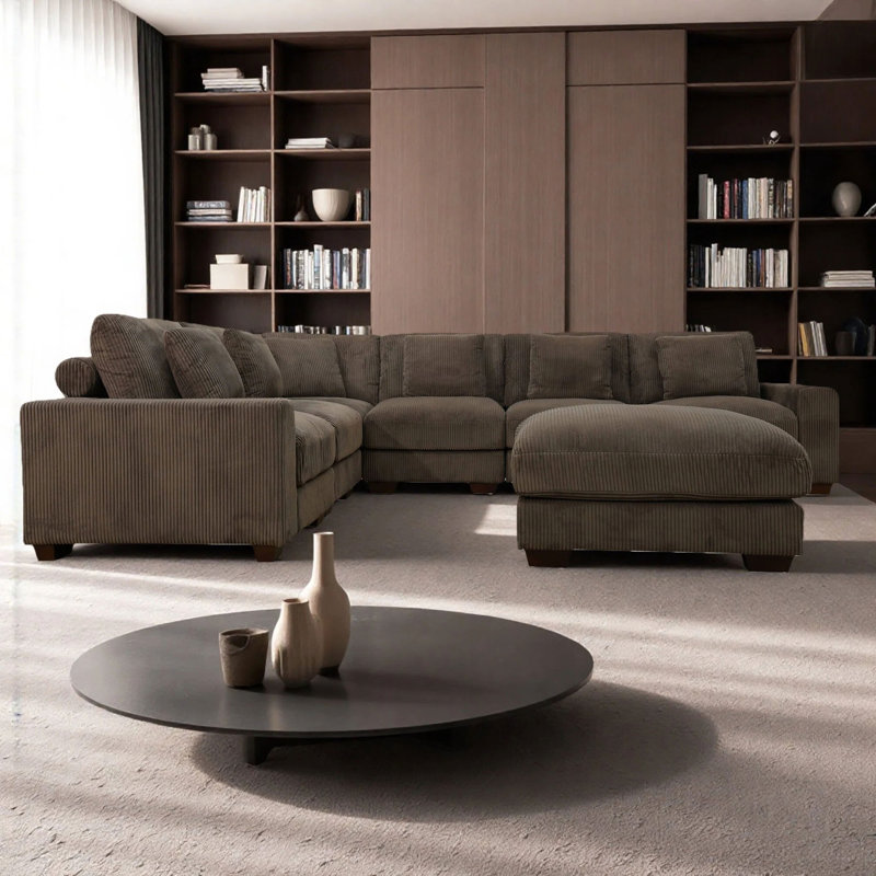 Corduroy L-Shaped Sectional Sofa Set With Ottoman For Living Room, Brown