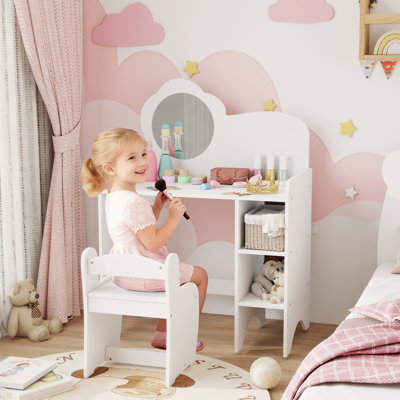 AIYAPLAY Kids Dressing Table with Mirror and Stool 2 in 1 Ages 3-8 White