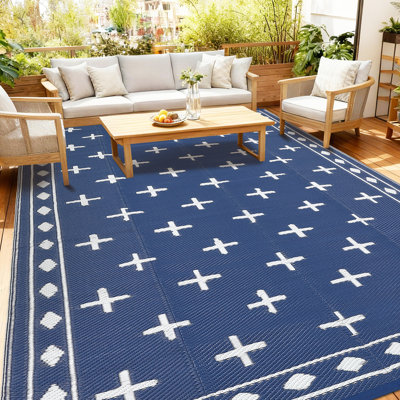 Geometric Reversible Outdoor Rug Waterproof Plastic Straw Patio Carpet for Deck, Porch, Garden, Camping, Balcony, RV, Beach, Picnic