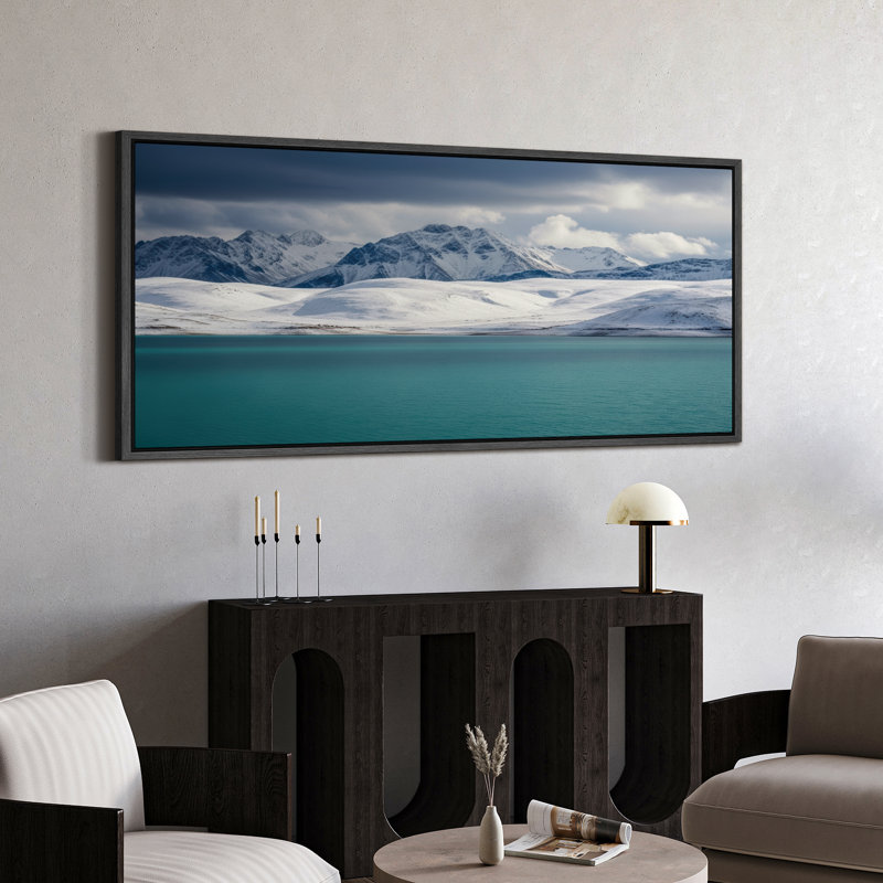 Art mural sur toile encadré de montagnes enneigées et de lac turquoise, Noir, H 30 po x l 60 po