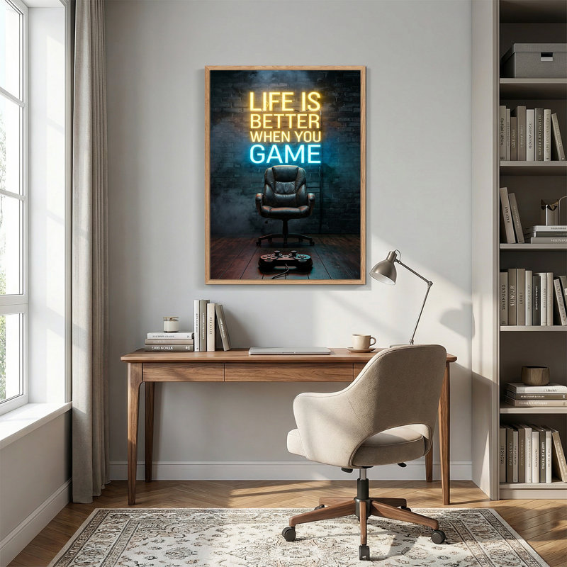 Art mural sur toile jaune et bleu, "Life is Better When You Game", 36"H x 24"W