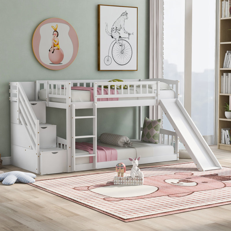 Lit superposé au dessus d'un escalier avec 2 tiroirs et glissade, Blanc