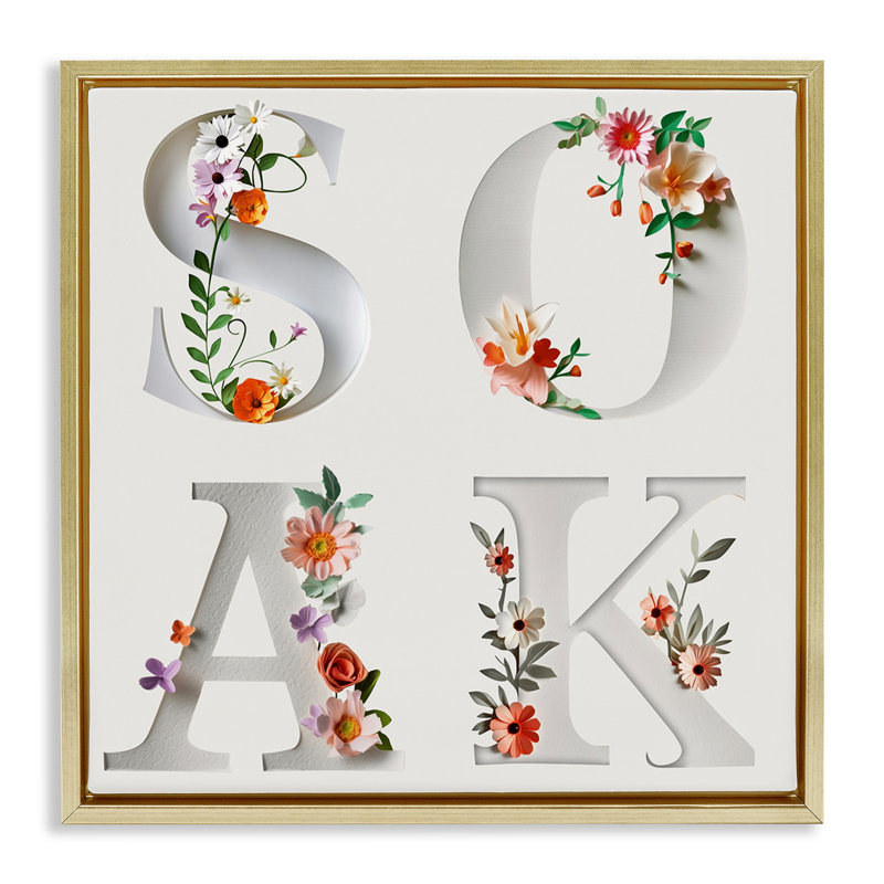 Cadre flottant floral avec lettres de bain, design par Susan Arnot, H 25 po x l 25 po, Cadre flottant métallique doré