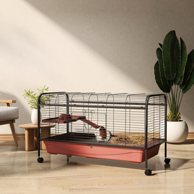 Maisonnette 48 po pour petits animaux - Maisonnette pour lapins et furets avec mangeoire, roues, plateforme, rampe rouge / noir L Sanctuary rouge + noir