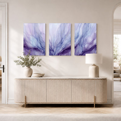 Abstrait art lavande et bleu marine fluide avec mouchetures dorées, ensemble de 3 toiles