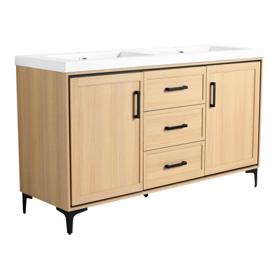 60" Freestanding Bathroom Vanity In American Style, Original Oak Plywood, Double Resin Sink, 2 Soft - Close Cabinet Doors, 3 Drawers, Solid Metal Handles For Comfortable Use Vanity, Closing Handles,