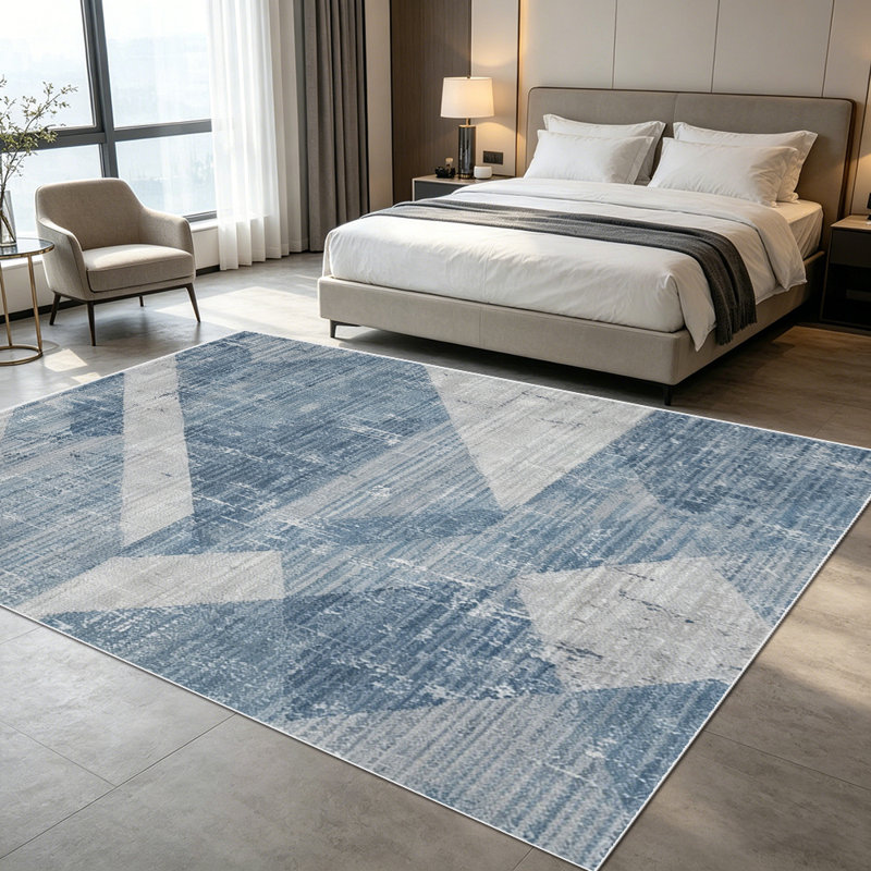 1PC Distressed Geometric Linen-textured Blue and Beige Patchwork area rugs for Living Room, Soft, All seasons, Easy-maintain, Washable Indoor mat, Farmhouse suitable for for dining room, bedroom, home office...
